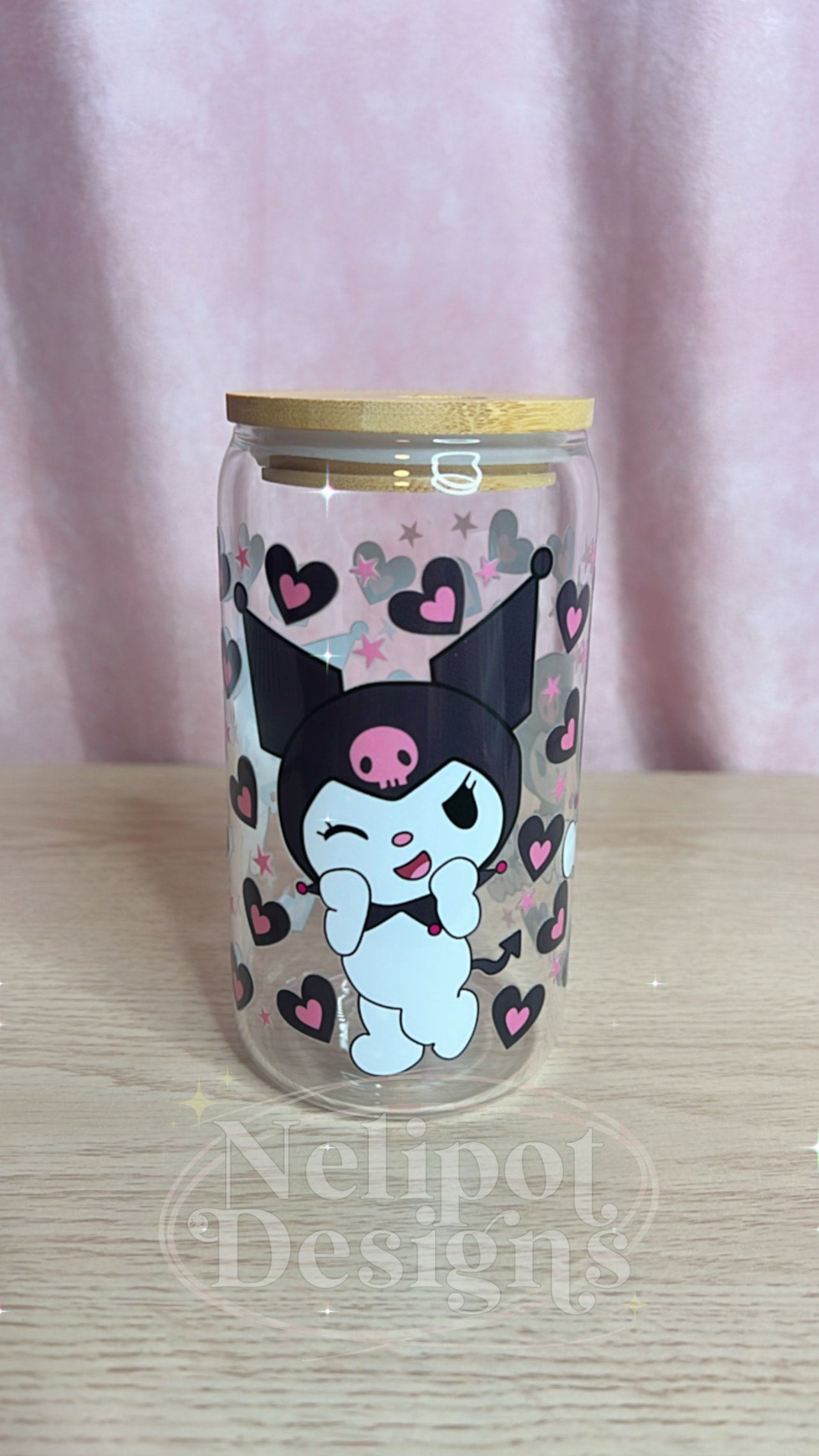 Kuromi Frosted Glass Can with bamboo lid and straw